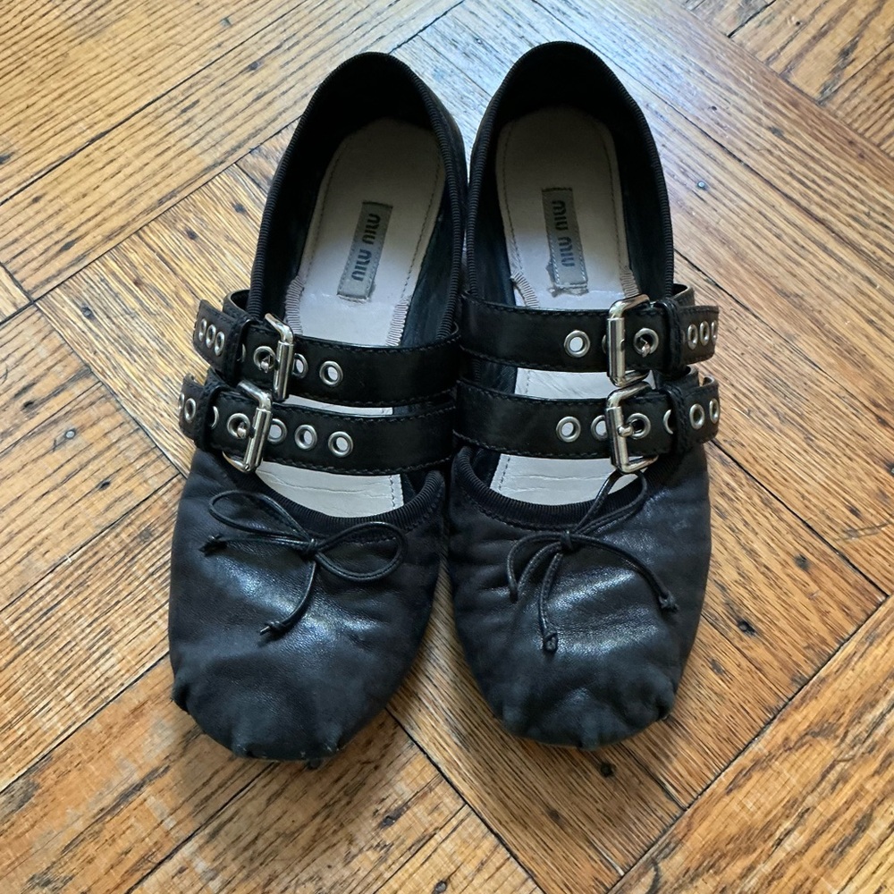 Miu Miu Black Leather Flats with Buckle Detail
